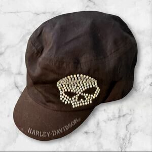 Harley-Davidson Black Military Cap Hat Rhinestone Skull Logo Women’s Biker